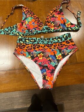Tropical Leopard High-Waist Bikini Set - Bright Multicolor